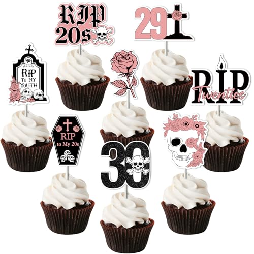 JOYMEMO Cupcake-Topper, 32 Stück, Roségold und Schwarz, 30. Geburtstag, Dekoration für Frauen, doppelseitiges Papier-Design, Kuchendekorationen von JOYMEMO