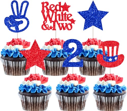 JOYMEMO 36 Pcs rot weiß und zwei Cupcake Toppers - 4. Juli 2. Geburtstag Party Zubehör, patriotische Unabhängigkeitstag Kuchen Dekorationen von JOYMEMO