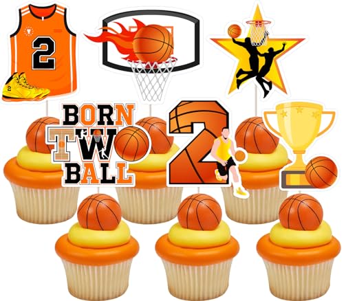 JOYMEMO 36 Stück Born Two Ball Basketball Cupcake Toppers Dekorationen für die Geburtstagsfeier der Jungen, doppelseitig Born 2 Ball Cake Decor von JOYMEMO