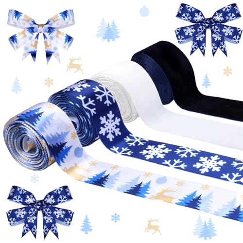 JOYMEMO 4 Rollen marineblaue Samtbänder, bedruckt mit Schneeflocke und Weihnachtsbaum, Ripsband für Weihnachten, Baumkranz, Girlande, Schleifen, Geschenkverpackung, DIY Handwerk JOYMEMO 4 Rollen marineblaue Samtbänder, bedruckt mit Schneeflocke und Weihnachtsbaum, Ripsband für Weihnachten, Baumkranz, Girlande, Schleifen, Geschenkverpackung, DIY Handwerk von JOYMEMO