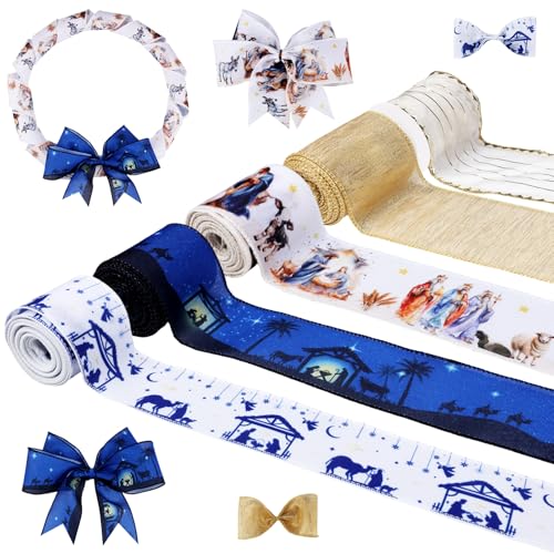 JOYMEMO 5 Rollen 22 Meter blaues Weihnachts-Band-Set zur Geburt Jesu, 6,3 cm Krippe, Drahtrand, Bänder für christliche Taufe, religiöse Party, Geschenkverpackung, Kränze, Schleife, Basteln JOYMEMO 5 Rollen 22 Meter blaues Weihnachts-Band-Set zur Geburt Jesu, 6,3 cm Krippe, Drahtrand, Bänder für christliche Taufe, religiöse Party, Geschenkverpackung, Kränze, Schleife, Basteln von JOYMEMO