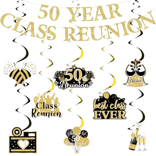 JOYMEMO 50 Year Class Reunion Party Dekorationen, Schwarz Gold 50 Year Class Reunion Banner mit Best Class Ever Hanging Swirls for Class of 1975 High School Welcome Back Party von JOYMEMO