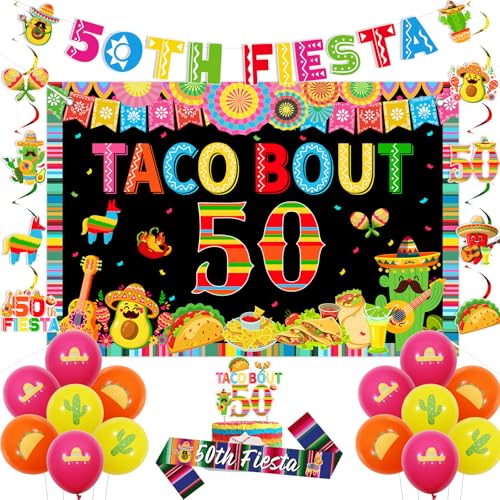 JOYMEMO 50. Fiesta-Geburtstagsdekorationsset – Taco Bout 50 Frauen Männer mexikanische Happy Fifty Birthday Party Ballon, Banner, Tortenaufsatz, Schärpe und Hintergrund Partyzubehör von JOYMEMO