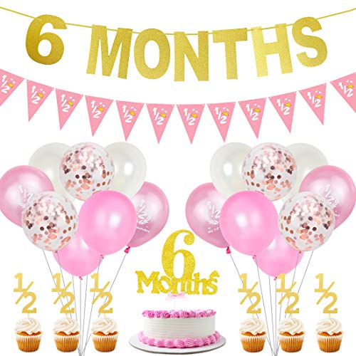 JOYMEMO 6 Monate Geburtstag Dekorationen für Mädchen Gold halbes Jahr Banner Cake Topper Pink 1/2 Wimpel Party Supplies von JOYMEMO