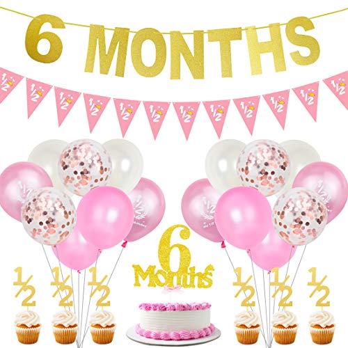 JOYMEMO 6 Monate Geburtstag Dekorationen für Mädchen Gold halbes Jahr Banner Cake Topper Pink 1/2 Wimpel Party Supplies JOYMEMO 6 Monate Geburtstag Dekorationen für Mädchen Gold halbes Jahr Banner Cake Topper Pink 1/2 Wimpel Party Supplies von JOYMEMO