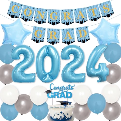 JOYMEMO Abschlussdekorationen 2024 Hellblau - Congrats Grad Banner & Cake Topper, 2024 Heliumballons, Hellblau Silber Weiß Luftballons für Abschlussfeiern und Silvester Party Supplies von JOYMEMO