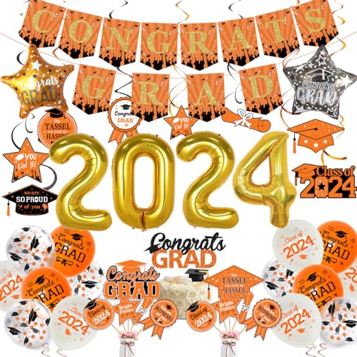 JOYMEMO Abschlussdekorationen 2024 Orange Schwarz - Congrats Grad Banner & Cake Topper, Graduation Hanging Swirls, Centerpiece Sticks, Number 2024 Folienballons, Klasse 2024 Graduation Party Supplies von JOYMEMO
