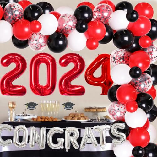 JOYMEMO Abschlussfeier Dekoration 2024, Congrads Banner, Rot Schwarz Ballongirlande Kit 72 Stück, XL 2024 Folienballon für Mädchen 2024 Graduation Party Supplies von JOYMEMO