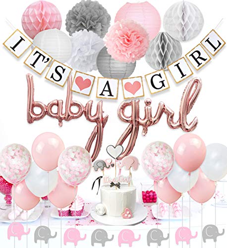 JOYMEMO Babyparty-Dekorationen für Mädchen, Rosa und Weiß, Baby-Luftballons, Elefantengirlande, Konfetti-Luftballons, Elefanten-Kuchenaufsatz für Babyparty-Zubehör von JOYMEMO