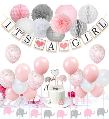 JOYMEMO Babyparty-Dekorationen für Mädchen, Rosa und Weiß, Baby-Luftballons, Elefantengirlande, Konfetti-Luftballons, Elefanten-Kuchenaufsatz für Babyparty-Zubehör JOYMEMO Babyparty-Dekorationen für Mädchen, Rosa und Weiß, Baby-Luftballons, Elefantengirlande, Konfetti-Luftballons, Elefanten-Kuchenaufsatz für Babyparty-Zubehör von JOYMEMO