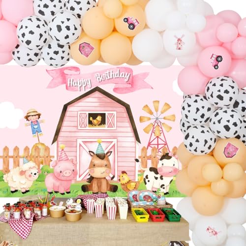 JOYMEMO Bauernhoftiere Geburtstagsdekorationen für Mädchen, Kuh-Druck, rosa Ballon-Girlande, Bogen-Set, Bauernhaus-Barnyard Partyzubehör mit Hintergrund und Cupcake-Aufsätzen für den 1. 2. Geburtstag JOYMEMO Bauernhoftiere Geburtstagsdekorationen für Mädchen, Kuh-Druck, rosa Ballon-Girlande, Bogen-Set, Bauernhaus-Barnyard Partyzubehör mit Hintergrund und Cupcake-Aufsätzen für den 1. 2. Geburtstag von JOYMEMO