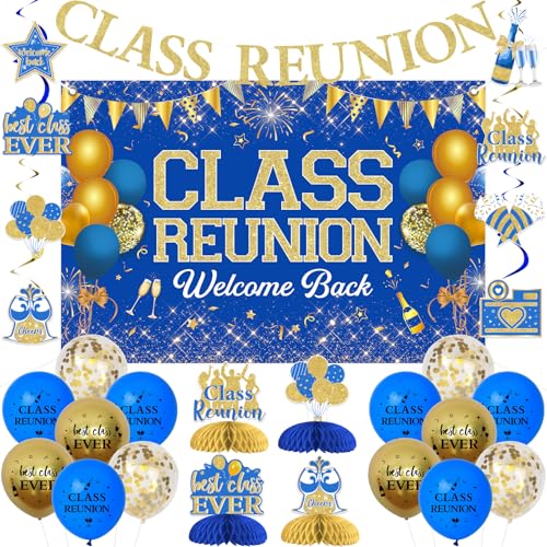 JOYMEMO Blau Und Gold Klassentreffen Dekoration - Hintergrund Banner, Welcome Back Hängespiralen, Beste Klasse Ever Wabendekoration, Ballons Für Grundschule Gymnasium Universität von JOYMEMO
