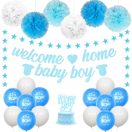 JOYMEMO Blaue Babyparty-Dekorationen – Welcome Home Baby Boy Banner, Papier-Poms, blauer Stern hängende Dekoration, Latexballons und Kuchenaufsatz für Kinderzimmer, Geschlechtsoffenbarung von JOYMEMO