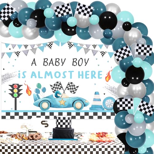 JOYMEMO Blauer Rennwagen Baby Shower Dekorationen - Rennwagen Ballon Girlande Bogen Kit mit einem Baby Boy ist fast hier Hintergrund, Vintage blauen Rennwagen Schwangerschaft Feier Neugeborenen Party von JOYMEMO