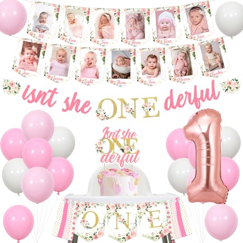 JOYMEMO Blumendekoration zum 1. Geburtstag für Mädchen, rosa Isn't She Onederful Banner Cake Topper, Floral Theme 1. Geburtstag Hochstuhl Banner, monatliches Fotobanner, Miss Onederful Bday Party JOYMEMO Blumendekoration zum 1. Geburtstag für Mädchen, rosa Isn't She Onederful Banner Cake Topper, Floral Theme 1. Geburtstag Hochstuhl Banner, monatliches Fotobanner, Miss Onederful Bday Party von JOYMEMO