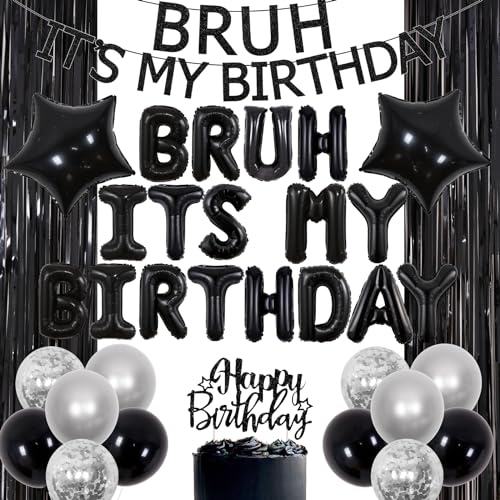 JOYMEMO Bruh Its My Birthday Dekorationen - Schwarz Bruh Its My Birthday Banner mit Luftballons, Cake Topper, Lametta Vorhang für lustige Bro Party Supplies JOYMEMO Bruh Its My Birthday Dekorationen - Schwarz Bruh Its My Birthday Banner mit Luftballons, Cake Topper, Lametta Vorhang für lustige Bro Party Supplies von JOYMEMO