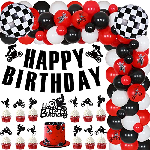 JOYMEMO Dirt Bike Geburtstag Dekorationen für Jungen - rot schwarz Ballon Girlande Bogen Kit mit alles Gute zum Geburtstag Banner Kuchen Topper, karierten Folienballons für Motocross Thema Party von JOYMEMO