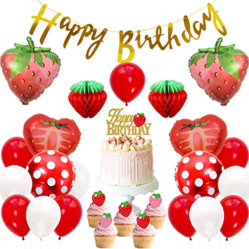 JOYMEMO Erdbeer Thema Geburtstag Party Dekoration Set für Mädchen, Papier Wabenball, Alles Gute zum Geburtstag Banner Folienballons, Cake Toppers von JOYMEMO