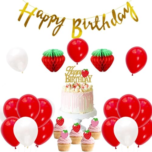 JOYMEMO Erdbeer Thema Geburtstag Party Dekoration Set für Mädchen, Papier Wabenball, Alles Gute zum Geburtstag Banner Folienballons, Cake Toppers JOYMEMO Erdbeer Thema Geburtstag Party Dekoration Set für Mädchen, Papier Wabenball, Alles Gute zum Geburtstag Banner Folienballons, Cake Toppers von JOYMEMO