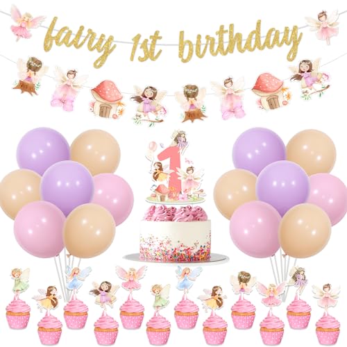 JOYMEMO Fairy 1st Birthday Party Decorations - Fairy 1st Birthday Banner Cake Topper, Fairies Garland Cupcake Toppers, Fairy First Birthday Party Supplies for One Year Old Girl Birthday von JOYMEMO