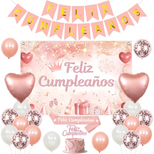 JOYMEMO Feliz Cumpleaños Dekorationsset für Damen und Mädchen, Roségold Happy Birthday Banner, Ballon, Tortenaufsatz, Schärpe Hintergrund für spanische mexikanische Fiesta, Motto-Party-Zubehör JOYMEMO Feliz Cumpleaños Dekorationsset für Damen und Mädchen, Roségold Happy Birthday Banner, Ballon, Tortenaufsatz, Schärpe Hintergrund für spanische mexikanische Fiesta, Motto-Party-Zubehör von JOYMEMO