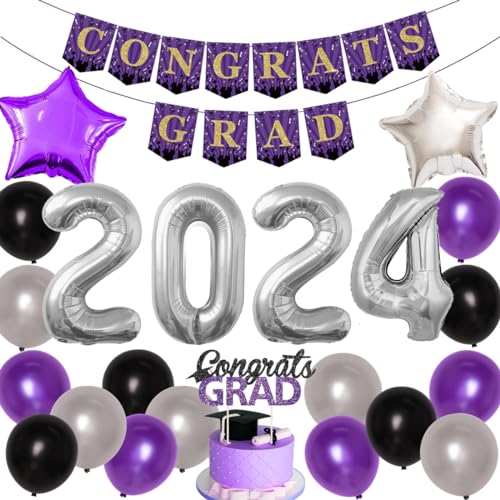 JOYMEMO Graduation Decorations 2024 Purple Silver - Congrats Grad Banner & Cake Topper, 2024 Helium Ballons, Purple Sliver Black Latex Balloons for Graduations and New Years Party Supplies von JOYMEMO
