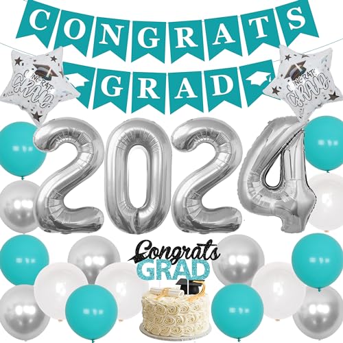 JOYMEMO Graduation Decorations 2024 Teal Black - Congrats Grad Banner & Cake Topper, 2024 Helium Ballons, Maroon Black Sliver Balloons for Graduations and New Years Party Supplies von JOYMEMO