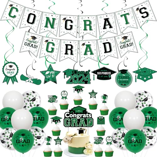 JOYMEMO Graduation Party Dekorationen 2024 Grün und Schwarz - Congrats Grad Banner Cake Topper mit Cupcake Toppers, Klasse von 2024 Hängende Wirbel, Abschlussfeier Party Supplies von JOYMEMO