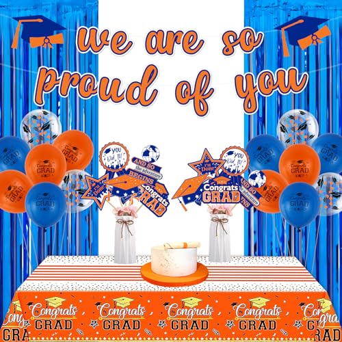 JOYMEMO Graduation Party Dekorationen 2024 Orange und Blau - Wir sind so stolz auf dich Banner mit Congrats Grad Tischdecke, Centerpiece Sticks, 2024 Grad Ballons für Klasse von 2024 Graduation Party von JOYMEMO