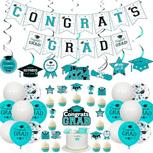 JOYMEMO Graduation Party Dekorationen 2024 Teal - Congrats Grad Banner Cake Topper mit Cupcake Toppers, Klasse 2024 Hängende Wirbel, Schwarz Türkis Graduation Party Supplies von JOYMEMO