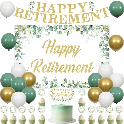 JOYMEMO Grünes Ruhestand Dekoset für Männer Frauen - Grünes Happy Retirement Party Ballon, Banner, Cake Topper, Cupcake Picks und Hintergrund, Party Zubehör von JOYMEMO