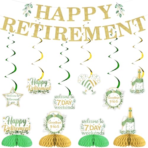 JOYMEMO Grünes Ruhestand Party Dekoset für Männer Frauen - Grünes Happy Retirement Waben Deko Hängespiralen Banner, Fotoprops Party Zubehör von JOYMEMO