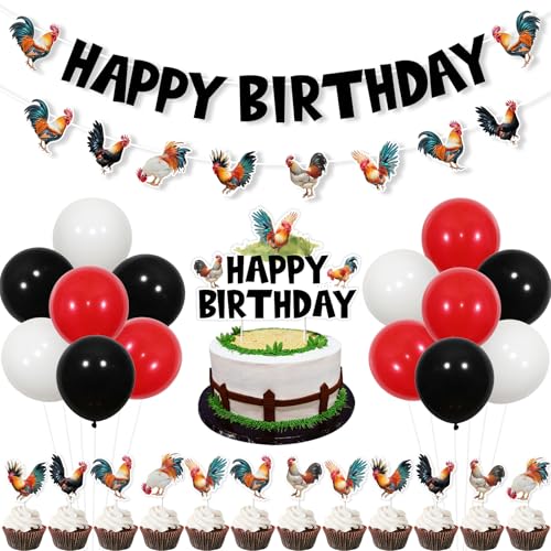 JOYMEMO Hahn Geburtstag Party Dekorationen, Hahn Happy Birthday Banner Girlande mit Czke Topper Cupcake Topper und Luftballons, Hühnerfarm Hinterhof Party Supplies JOYMEMO Hahn Geburtstag Party Dekorationen, Hahn Happy Birthday Banner Girlande mit Czke Topper Cupcake Topper und Luftballons, Hühnerfarm Hinterhof Party Supplies von JOYMEMO