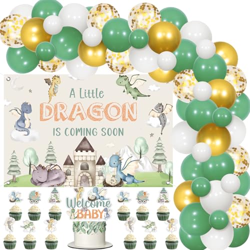 JOYMEMO "Hatching Soon" Drachen Baby Shower Deko - Aquarell "A Little Dragon is Coming Soon" Hintergrund, Willkommens-Baby Kuchenspitze mit Drachen Cupcake-Toppern für Ballongirlanden-Bogen Set JOYMEMO "Hatching Soon" Drachen Baby Shower Deko - Aquarell "A Little Dragon is Coming Soon" Hintergrund, Willkommens-Baby Kuchenspitze mit Drachen Cupcake-Toppern für Ballongirlanden-Bogen Set von JOYMEMO