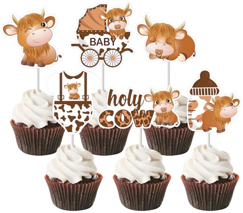 JOYMEMO Highland Cow Baby Shower Cupcake Toppers – Cartoon Highland Cow Baby Shower Decorations, Double Sided Highland Cattle Holy Cow Welcome Baby Cake Decor for Pregnancy Newborn Party von JOYMEMO