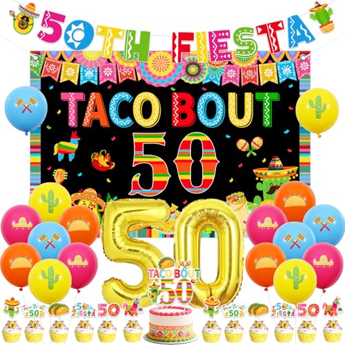JOYMEMO Mexikanische Fiesta 50. Geburtstag Dekoration Unisex - "Taco Bout 50" Hintergrund, Banner, Kuchenaufsatz, Cupcake-Deko, Ballons für Adios 40's Party von JOYMEMO