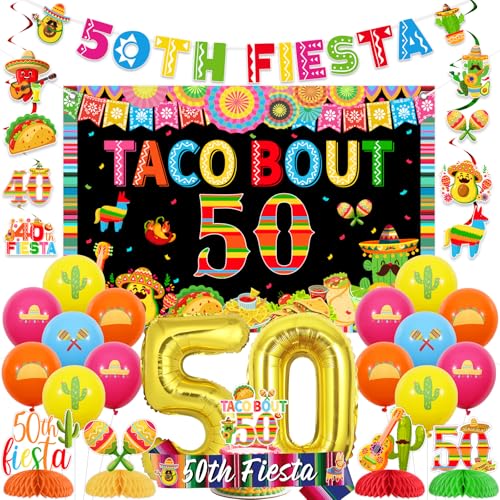 JOYMEMO Mexikanische Fiesta 50. Geburtstag Dekoration für Männer Frauen, 50. Fiesta Banner, Hängespiralen, Waben Deko, Sash, Cake Topper, Hintergrund, Luftballons für Adios 40's Geburtstag JOYMEMO Mexikanische Fiesta 50. Geburtstag Dekoration für Männer Frauen, 50. Fiesta Banner, Hängespiralen, Waben Deko, Sash, Cake Topper, Hintergrund, Luftballons für Adios 40's Geburtstag von JOYMEMO