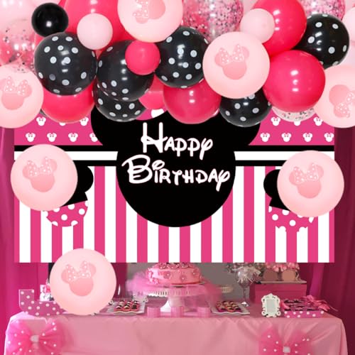 Cartoon-Maus Motto Geburtstag Party Supplies, Rose Rot Rosa Schwarz Ballon Girlande Kit mit Cartoon-Maus Hintergrund für Mädchen 1. 2. 6 Monate Geburtstag Party Dekorationen von JOYMEMO