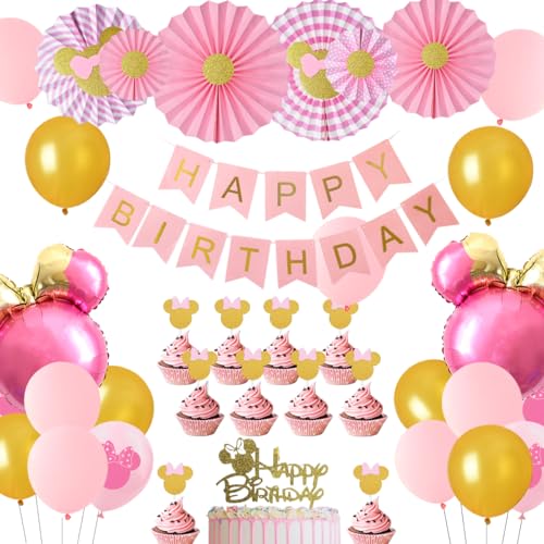 JOYMEMO Cartoon-Maus Themed Party Dekorationen Pink und Gold, Cartoon-Maus Head Luftballons Papierfächer Cake Toppers, Mädchen 1. 2. 3. Geburtstagsfeierzubehör von JOYMEMO
