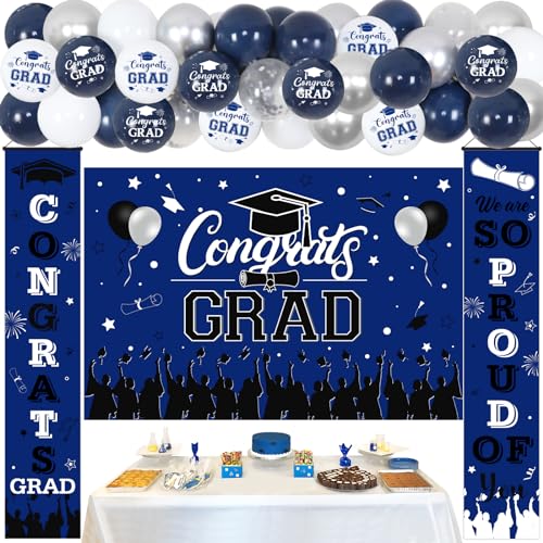 JOYMEMO Navy Blue Graduation Party Dekorationen 2024 - Congrats Grad Backdrop Porch Sign Tür Banner und Latex gedruckt Ballons, wir sind so stolz auf dich Party Haus Garten Zubehör von JOYMEMO
