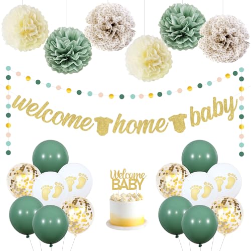 JOYMEMO Neutrale Babyparty-Dekorationen in Salbeigrün – Welcome Home Baby Banner, Kreis Punkte Girlande, Papier Pom Poms, bedruckte Latexballons und Tortenaufsatz für Kinderzimmer Geschlecht von JOYMEMO