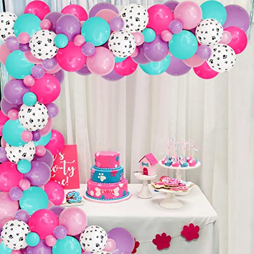 JOYMEMO Hund Thema Geburtstag Deko, Pfote Gedruckt Ballon Girlande, Hund Pfotenabdruck, rosa lila weiße Luftballons zum Mädchen 1 2 3 Jahre Geburtstag, Baby Shower Party Supplies von JOYMEMO