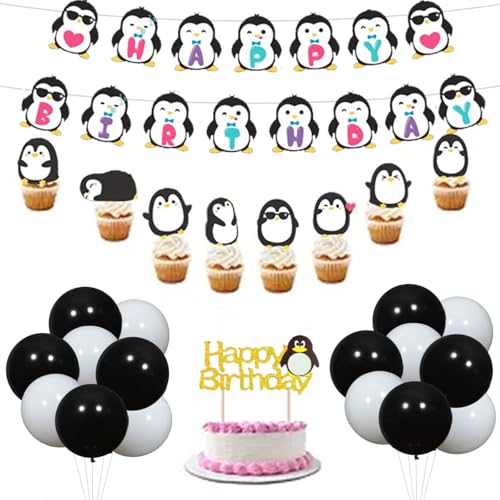 Pinguin Party Supplies Alles Gute zum Geburtstag Banner Walking Pinguin Luftballons Cake Toppers für Geburtstagsfeier, Baby Shower Winter Polar Themed Geburtstagsparty Dekoration von JOYMEMO