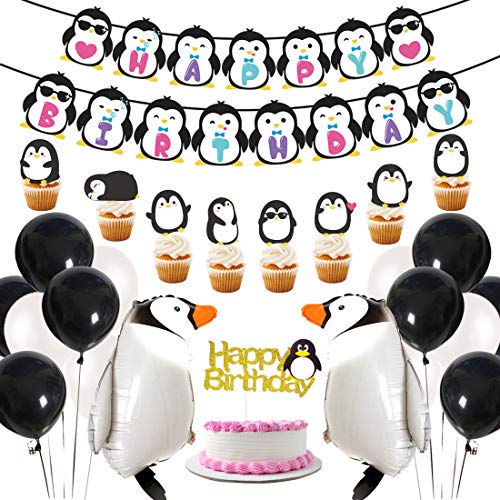 Pinguin Party Supplies Alles Gute zum Geburtstag Banner Walking Pinguin Luftballons Cake Toppers für Geburtstagsfeier, Baby Shower Winter Polar Themed Geburtstagsparty Dekoration von JOYMEMO