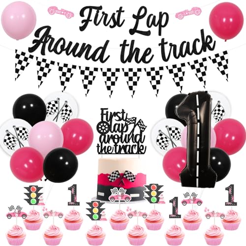 JOYMEMO Pink Race Car 1st Birthday Party Decorations Girl - First Lap Around The Track Banner Cake Topper, Cupcake Toppers, Checkered Flag Garland, Number 1 Balloons for Let's Go Racing Party von JOYMEMO