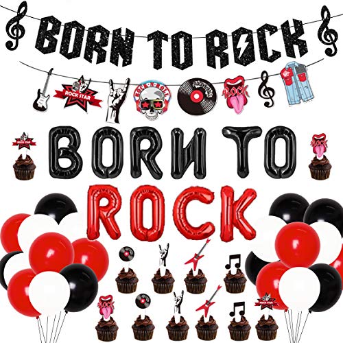 JOYMEMO Rock and Roll Geburtstagsparty-Dekorationen Schwarz Glitzer Born To Rock Banner Luftballons Musical Elemente Girlande für 1950er Jahre Musik Motto Party Supplies von JOYMEMO