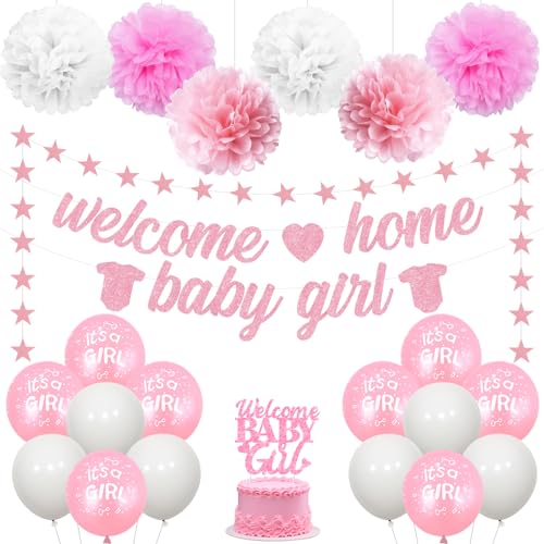 JOYMEMO Rosa Babyparty-Dekorationen – Willkommen zu Hause Baby Mädchen Banner, Papier-Poms, rosa Stern hängende Dekoration, Latexballons und Kuchenaufsatz für Kinderzimmer Geschlecht Enthüllung von JOYMEMO
