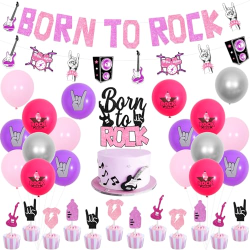 JOYMEMO Rosa Lila Rock Babyparty Dekorationen für Mädchen - Born to Rock Banner Cake Topper Rock and Roll Girlande Cake Topper Rock bedruckte Luftballons Musik Thema Babyparty Party Supplies JOYMEMO Rosa Lila Rock Babyparty Dekorationen für Mädchen - Born to Rock Banner Cake Topper Rock and Roll Girlande Cake Topper Rock bedruckte Luftballons Musik Thema Babyparty Party Supplies von JOYMEMO