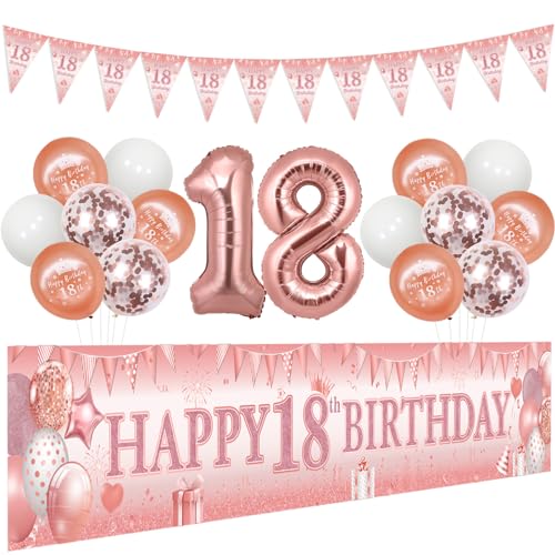 JOYMEMO Rose Gold 18. Geburtstag Dekorationen Mädchen, Happy Birthday Yard Sign Banner, Dreieck Flaggen und Latex gedruckt Konfetti Ballons, 18 Jahre achtzehn Jahre alt Geburtstag Party Supplies von JOYMEMO