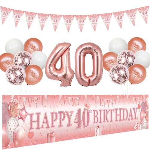 JOYMEMO Rose Gold 40. Geburtstag Dekorationen für Frauen, Happy Birthday Yard Sign Banner, Dreieck Flaggen und Latex gedruckt Konfetti Ballons, Prost auf 40 Jahre alt Geburtstag Party Supplies von JOYMEMO